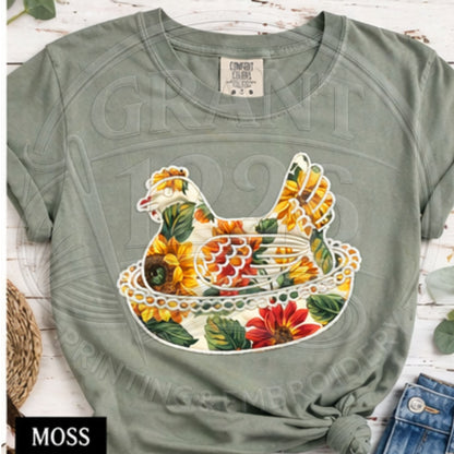Moss green farmhouse chicken applique shirt with sunflower fabric