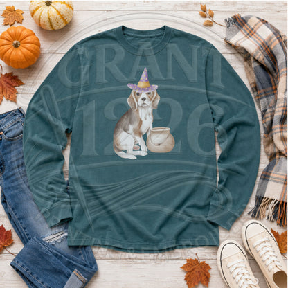Blue Spruce beagle witch Halloween long sleeve shirt styled fall flat lay