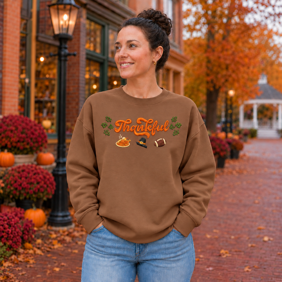 Brown Savanna Gildan Softstyle sweatshirt with fall Thankful embroidery