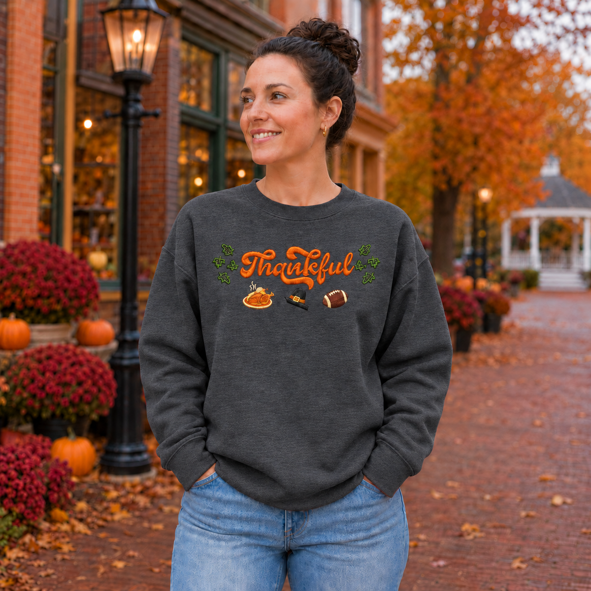 Dark Heather Gildan Softstyle sweatshirt with fall Thankful embroidery