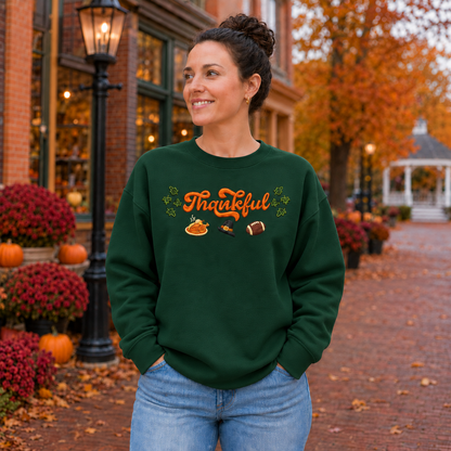 Forest Green Gildan Softstyle sweatshirt with fall Thankful embroidery