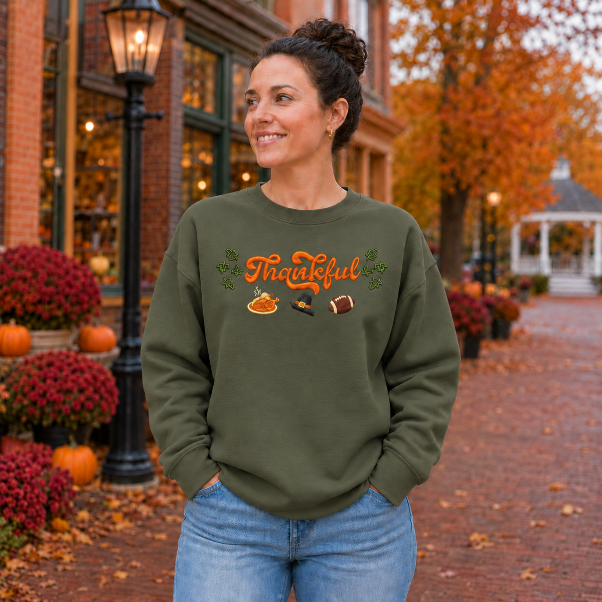 Military Green Gildan Softstyle sweatshirt with fall Thankful embroidery