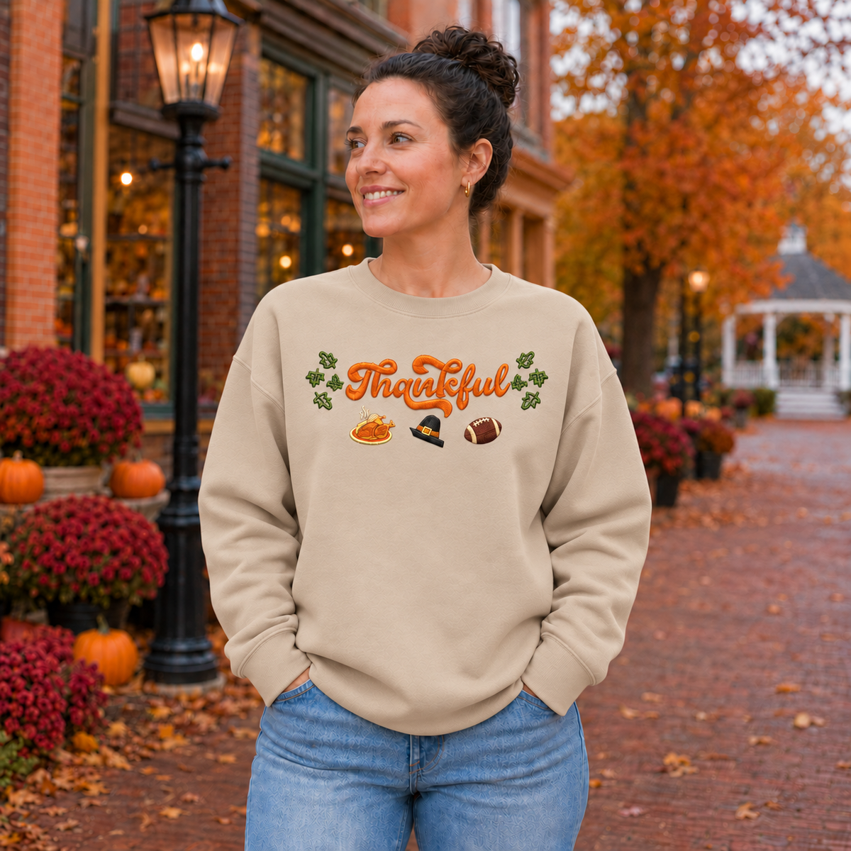 Sand Gildan Softstyle sweatshirt with fall Thankful embroidery