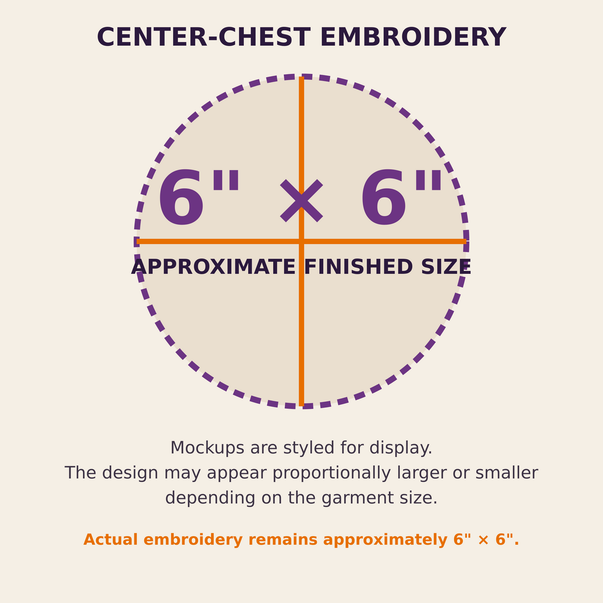 Center chest embroidery measures approximately 6 by 6 inches