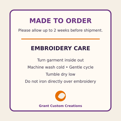 Made to order processing and embroidery care instructions
