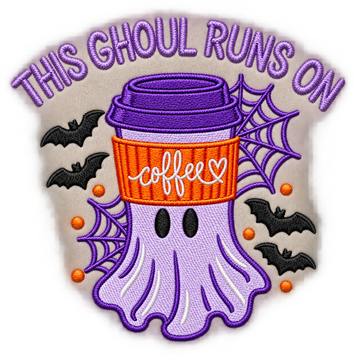 Close-up of purple and orange coffee ghost embroidery