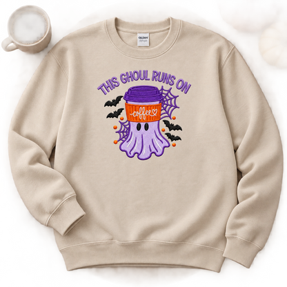 Sand embroidered Halloween coffee ghost sweatshirt flat lay