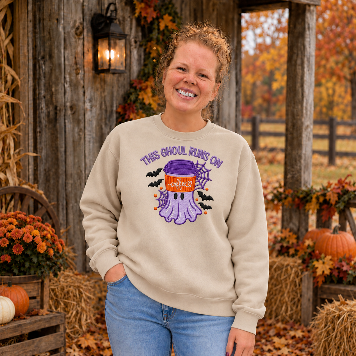 This Ghoul Runs on Coffee embroidered Sand sweatshirt lifestyle