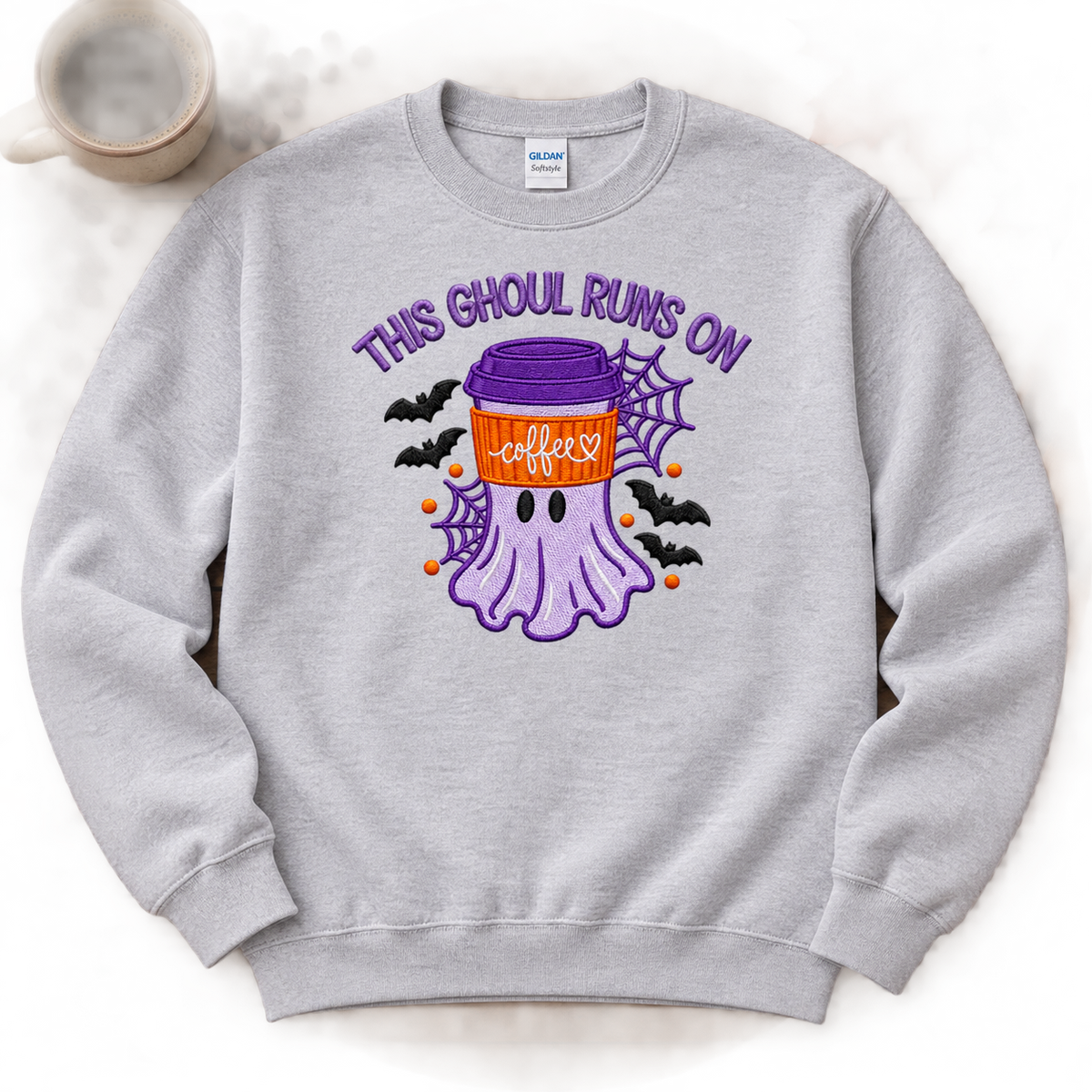 Sport Grey embroidered Halloween coffee ghost sweatshirt flat lay
