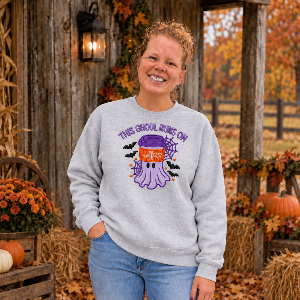 This Ghoul Runs on Coffee embroidered Sport Grey sweatshirt lifestyle