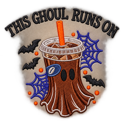 Close-up of This Ghoul Runs on Iced Coffee embroidery