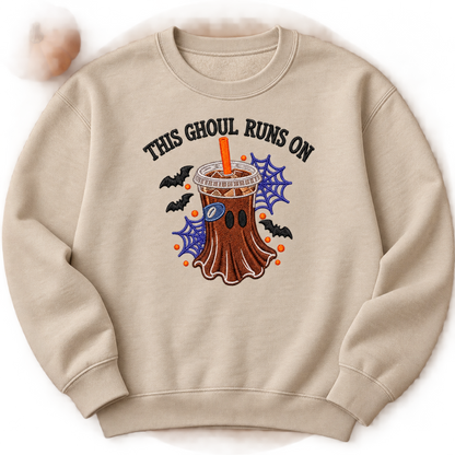 Sand embroidered iced coffee ghost sweatshirt flat lay