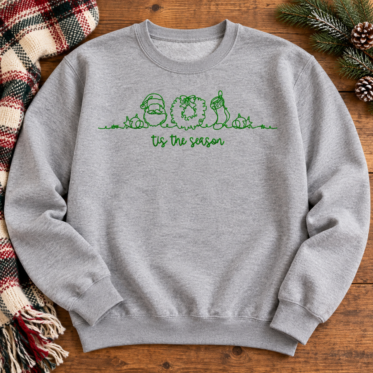 Sport Grey Tis The Season embroidered Christmas sweatshirt flat lay