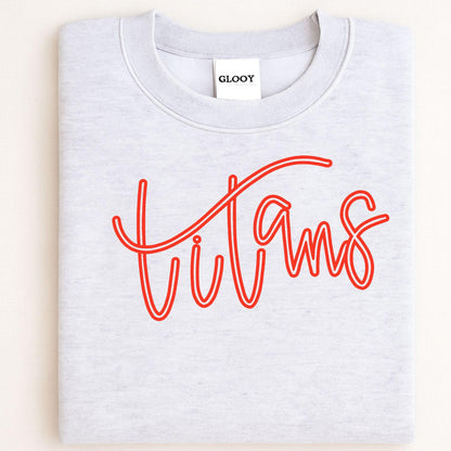 Folded ash gray crewneck with red Titans script embroidery