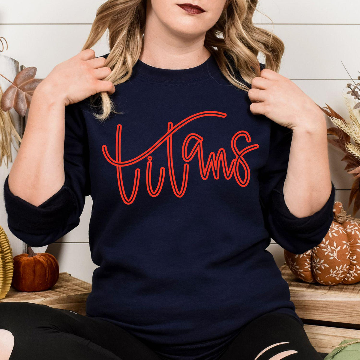 Front view of navy Titans script embroidered game day crewneck