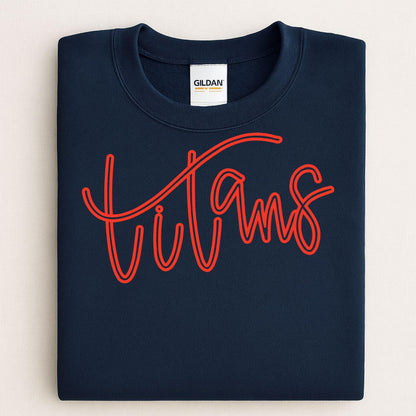 Folded navy crewneck with red Titans script puff embroidery