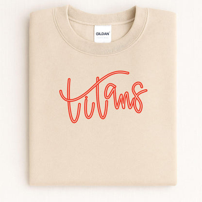 Folded sand crewneck with red Titans script embroidery