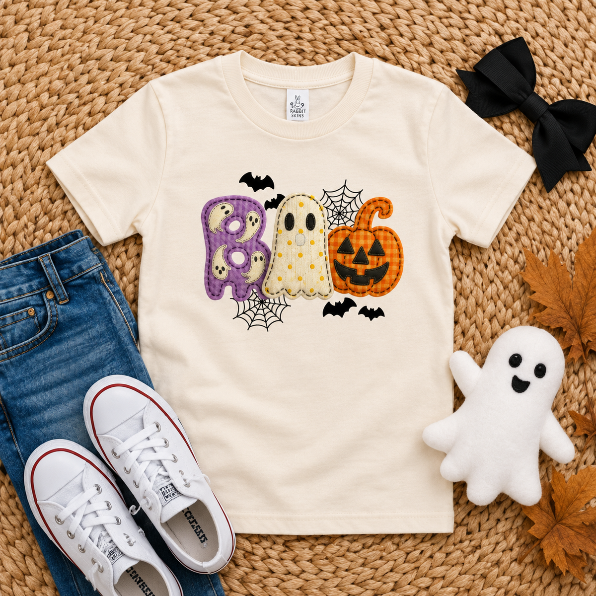 Ivory Rabbit Skins toddler BOO Halloween T-shirt with ghost pumpkin bats and spiderweb design