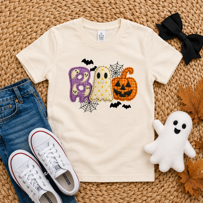 Ivory Rabbit Skins toddler BOO Halloween T-shirt with ghost pumpkin bats and spiderweb design