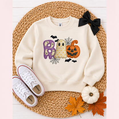 Natural Rabbit Skins toddler BOO Halloween sweatshirt with purple ghost cream ghost orange pumpkin bats and webs