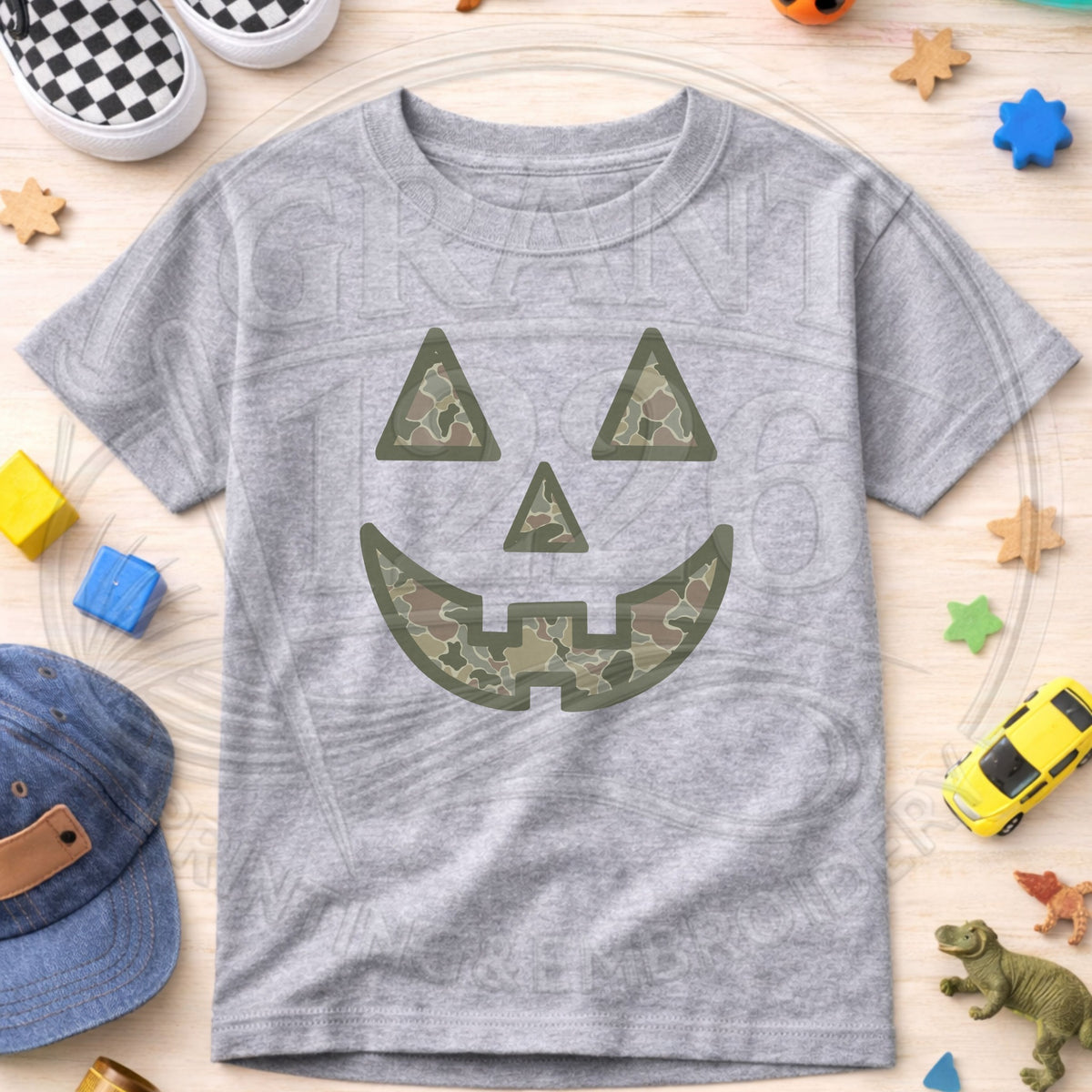Sport Grey toddler camouflage jack-o-lantern Halloween shirt flat lay
