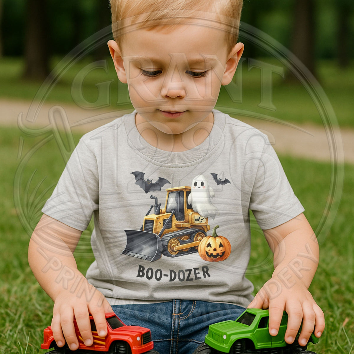 Toddler wearing Sport Grey Boo-Dozer ghost bulldozer shirt while playing