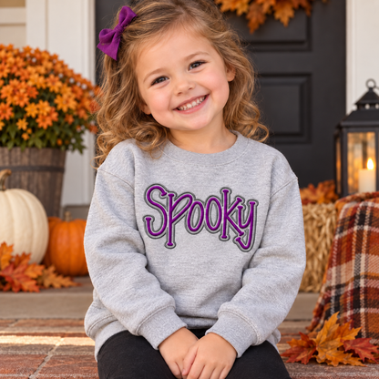 Toddler girl wearing a heather gray Spooky puff embroidered Halloween crewneck