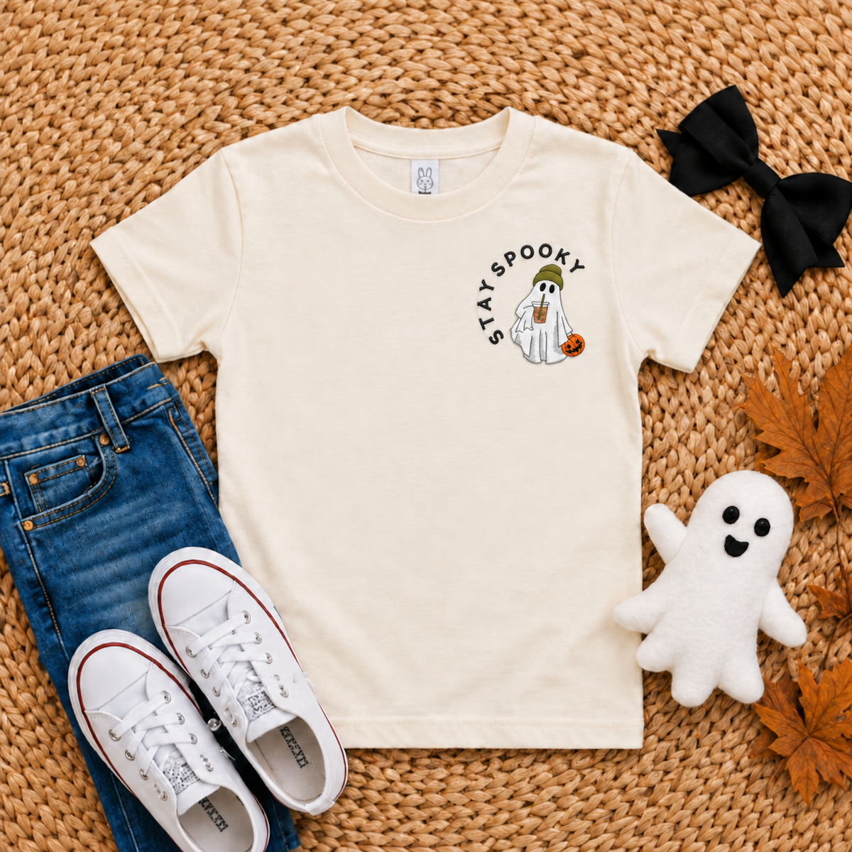 Ivory Rabbit Skins toddler shirt with left chest Stay Spooky ghost, iced coffee and pumpkin embroidery
