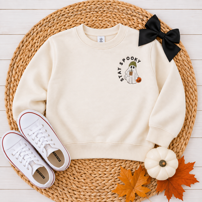 Natural Rabbit Skins toddler sweatshirt with small Stay Spooky coffee ghost embroidery on the left chest