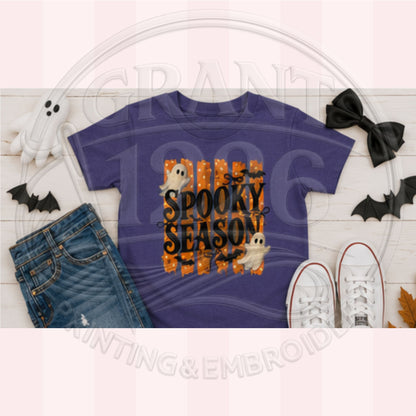 Purple kids Halloween tee with Spooky Season ghost and bat graphic