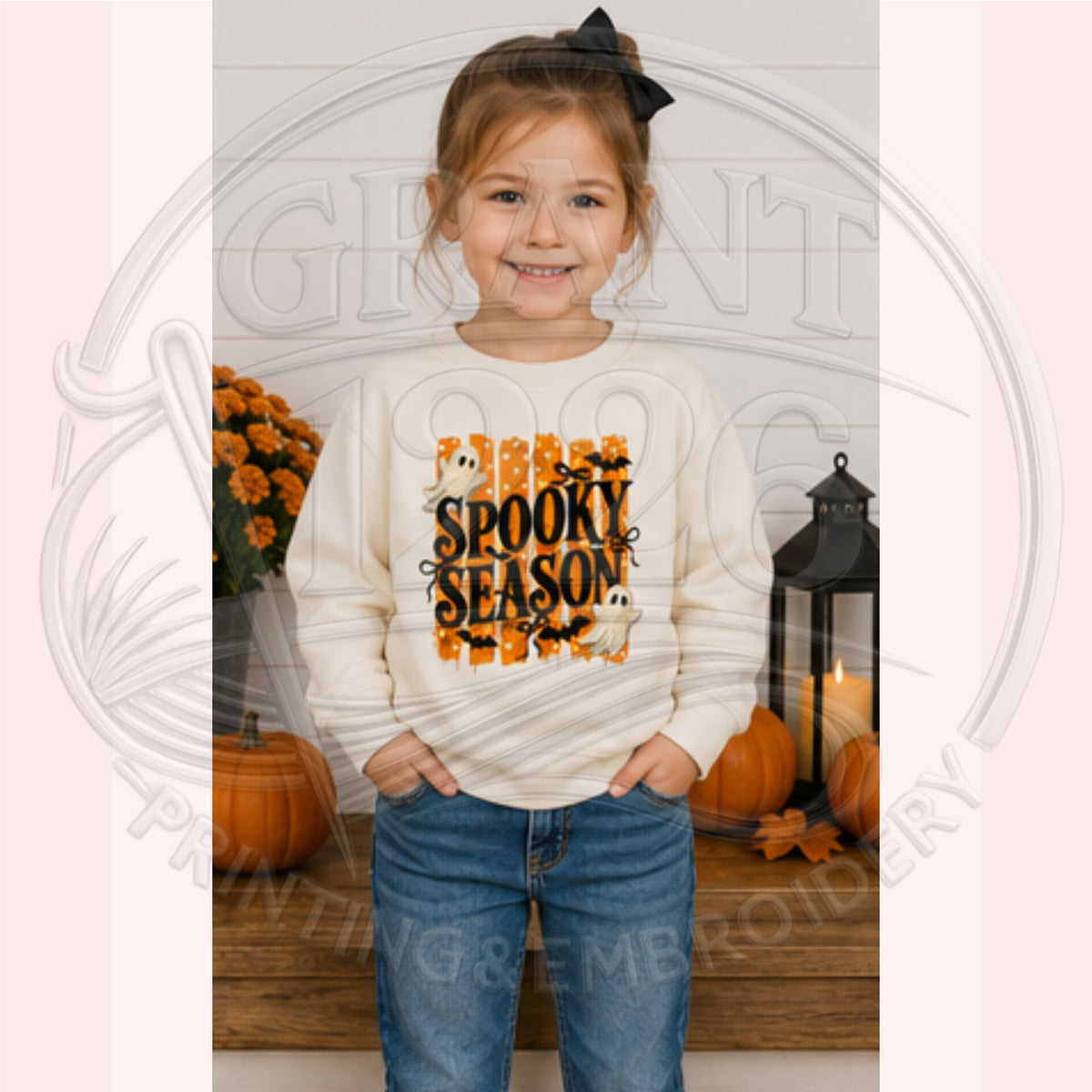 Toddler wearing natural Spooky Season Halloween crewneck sweatshirt