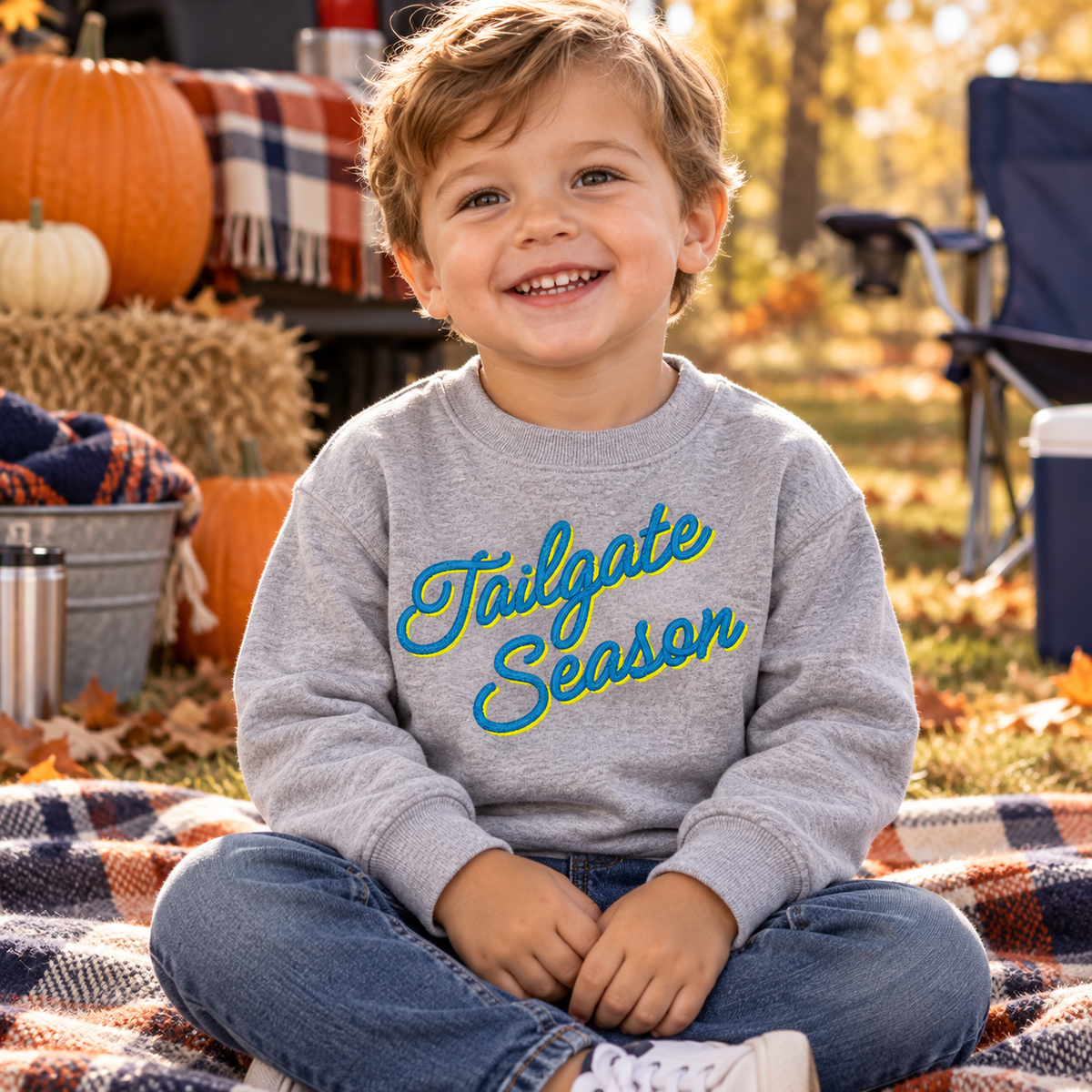Toddler grey Tailgate Season embroidered sweatshirt with blue and yellow thread in a family tailgate setting