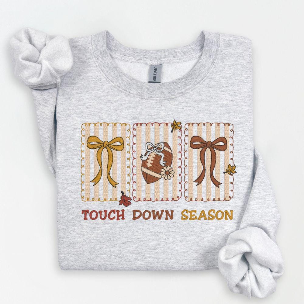 Fall football crewneck with stitched Touch Down Season design