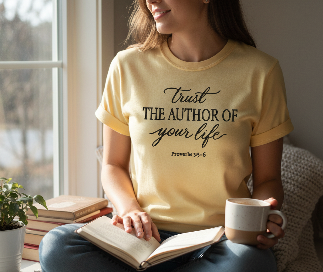 Person wearing a butter t-shirt with bible verse embroidery
