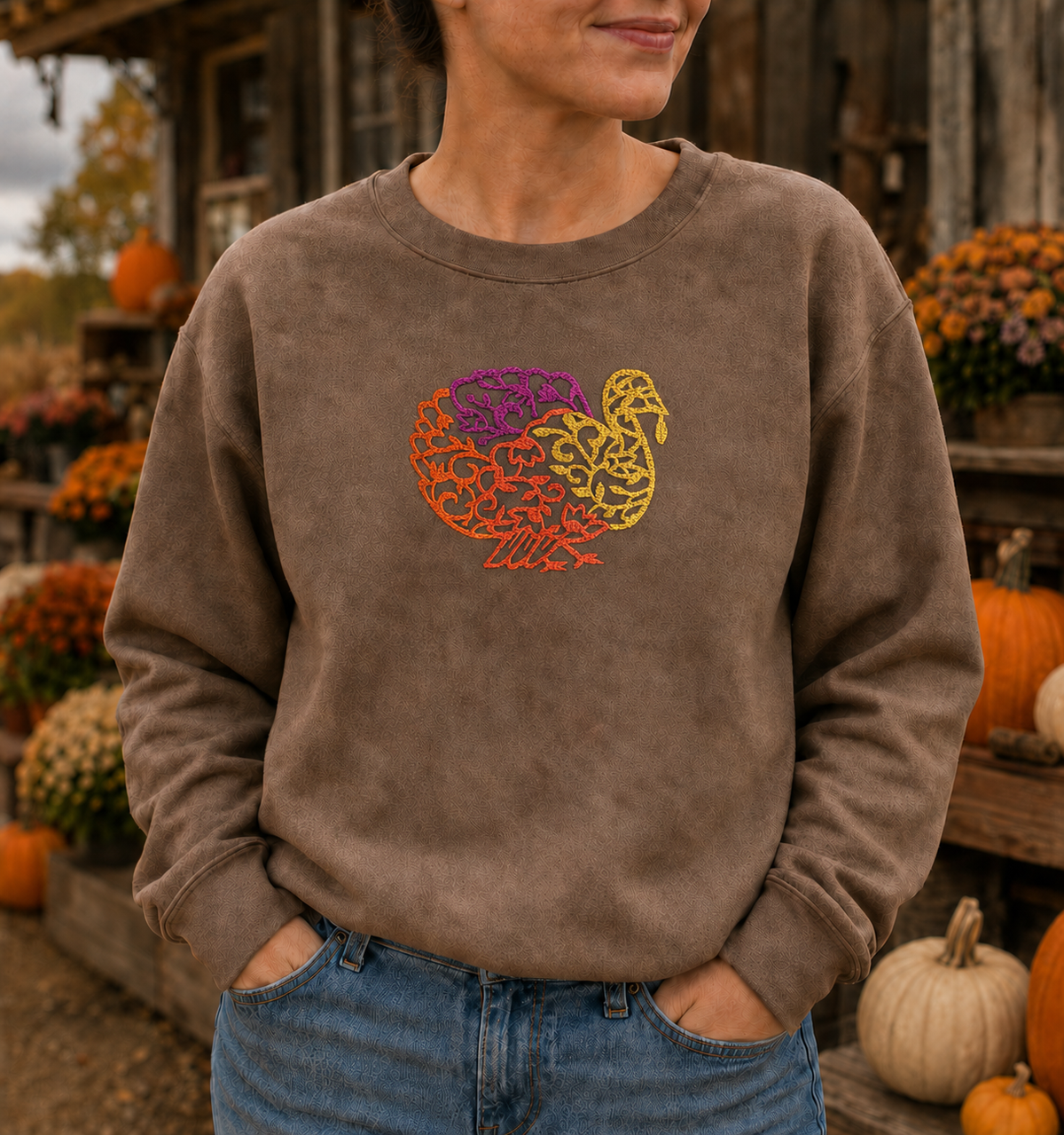 Close view of turkey embroidery on a Brown Savanna Gildan Softstyle sweatshirt