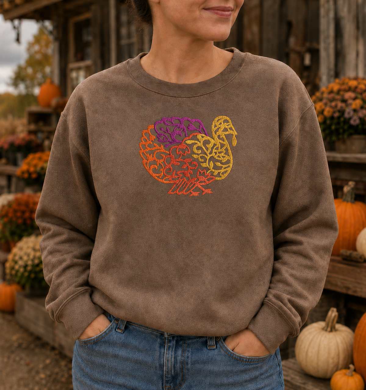 Embroidered turkey Gildan Softstyle sweatshirt in Brown Savanna at a fall farmstand