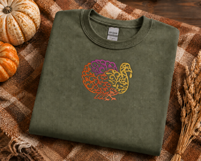 Military Green Gildan Softstyle sweatshirt with centered turkey embroidery flat lay