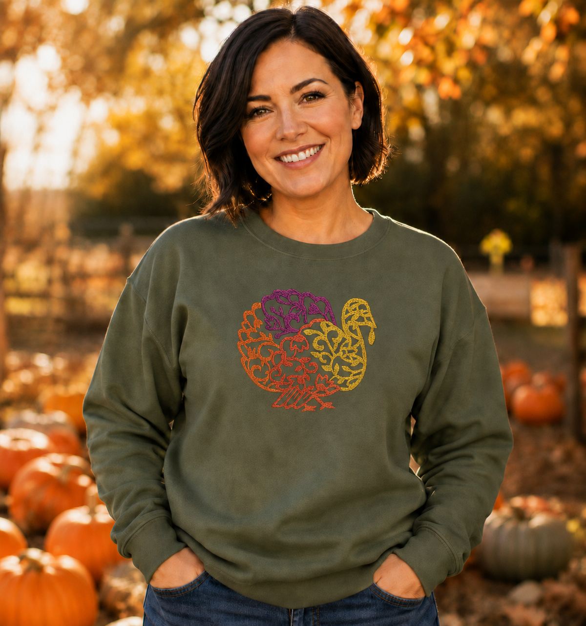 Embroidered turkey Gildan Softstyle sweatshirt in Military Green at a fall pumpkin patch