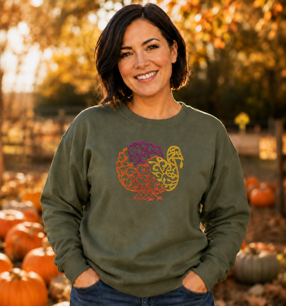 Embroidered turkey Gildan Softstyle sweatshirt in Military Green at a fall pumpkin patch