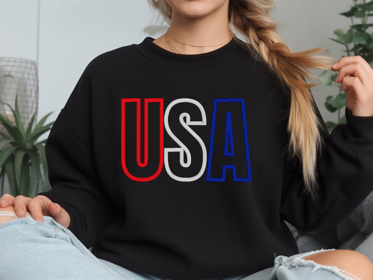 Black Gildan crewneck sweatshirt with raised USA embroidery in red, white, and blue