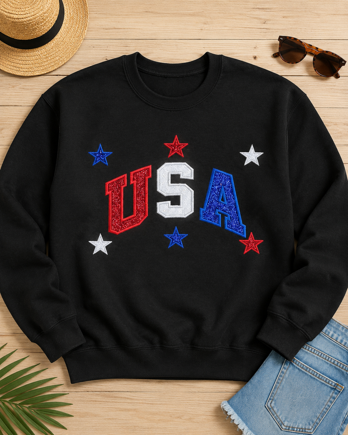 Black USA red white and blue appliqué sweatshirt flat lay