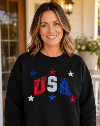 Black USA patriotic appliqué Gildan Heavy Blend sweatshirt lifestyle mockup