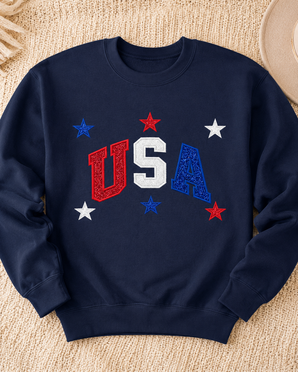 Navy USA red white and blue appliqué sweatshirt flat lay