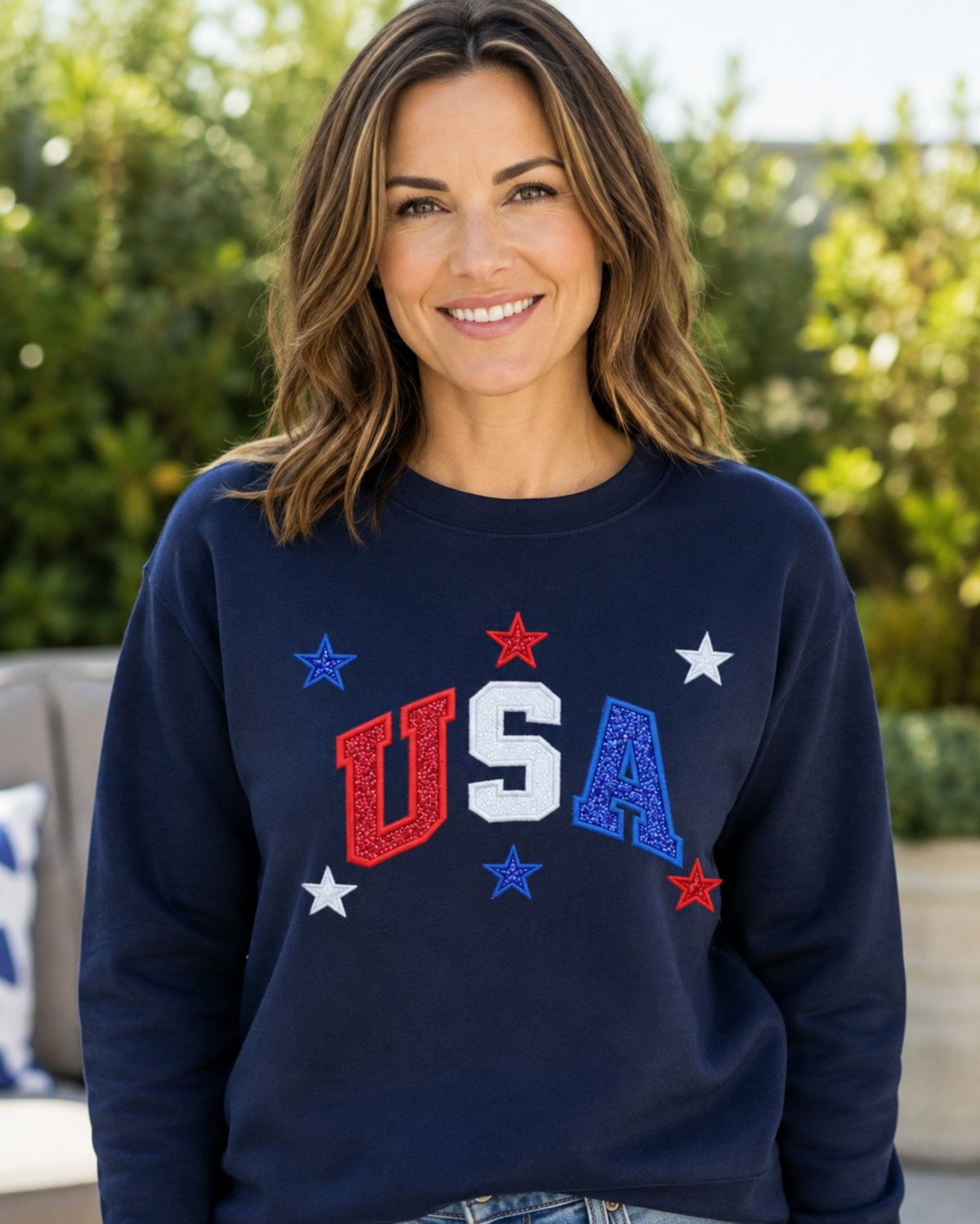 Navy USA patriotic appliqué Gildan Heavy Blend sweatshirt lifestyle mockup