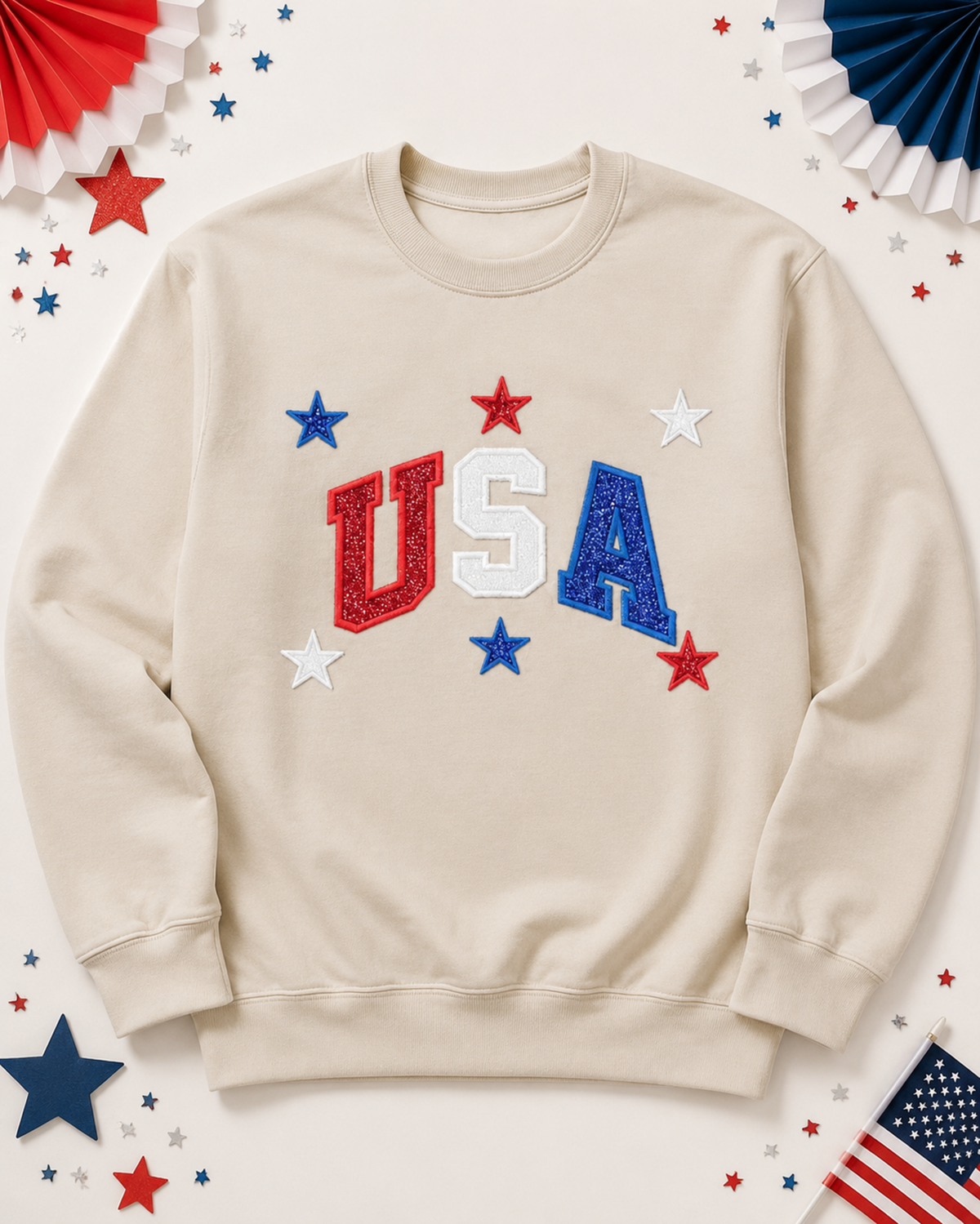 Sand USA red white and blue appliqué sweatshirt flat lay