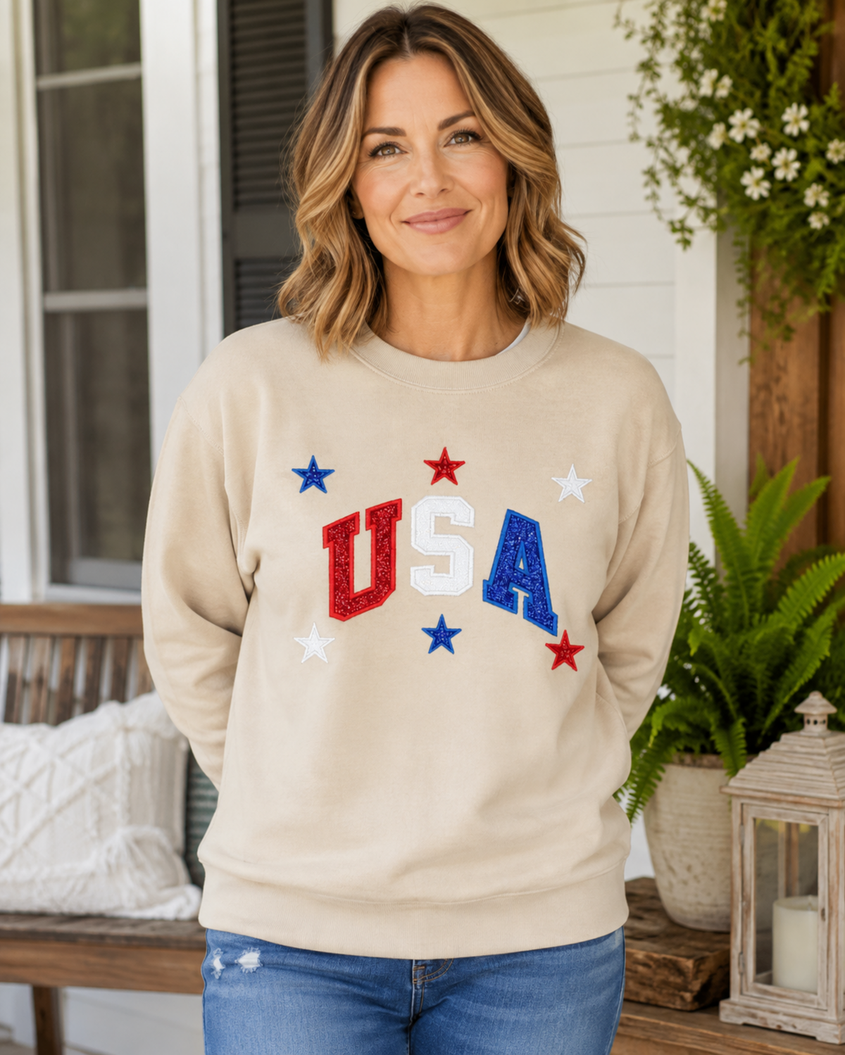 Sand USA patriotic appliqué Gildan Heavy Blend sweatshirt lifestyle mockup