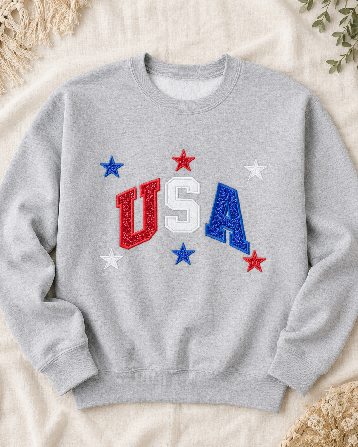 Sport Grey USA red white and blue appliqué sweatshirt flat lay