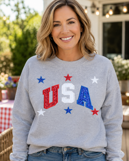 Sport Grey USA patriotic appliqué Gildan Heavy Blend sweatshirt lifestyle mockup