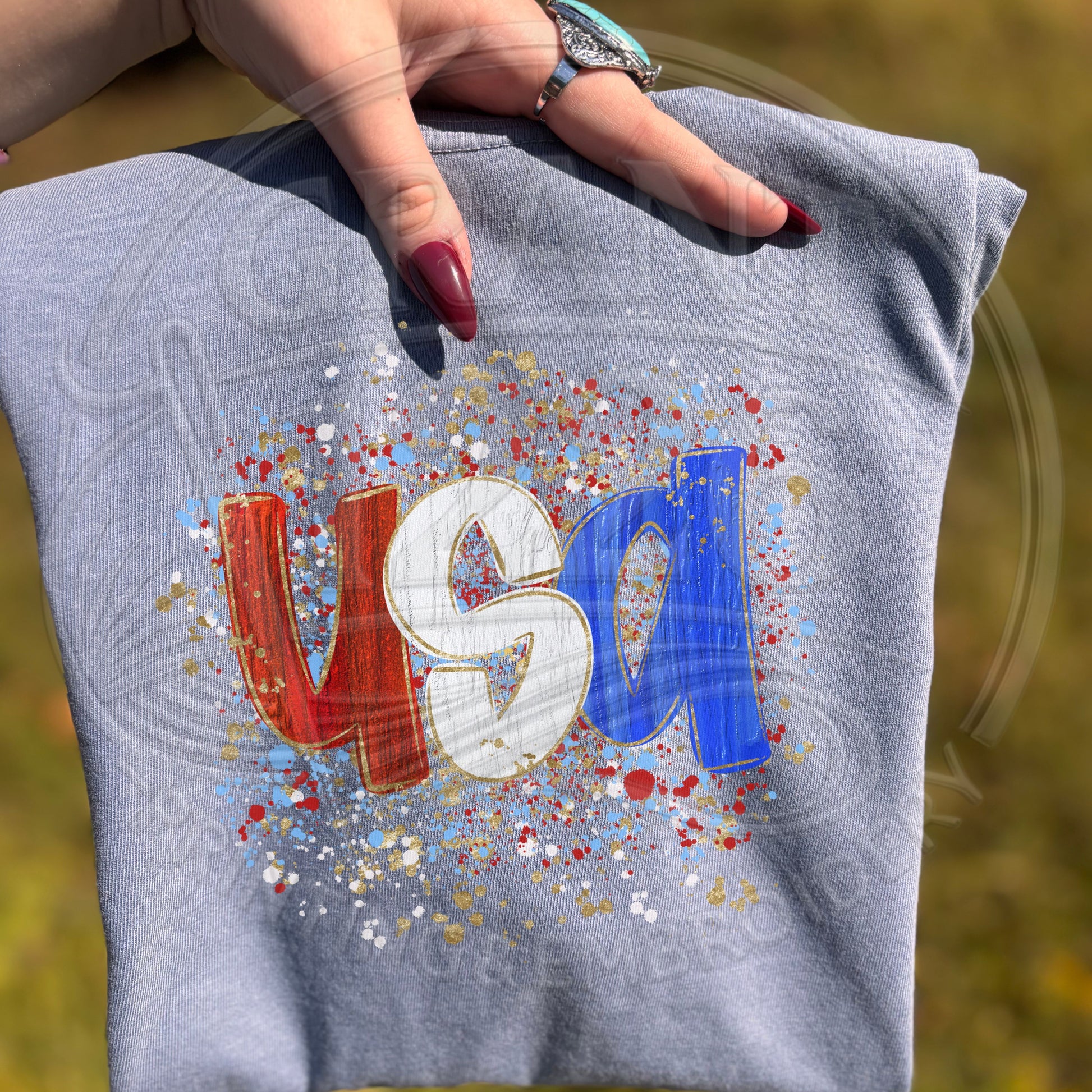 Close up of patriotic USA graphic DTG printed t-shirt with red white and blue design