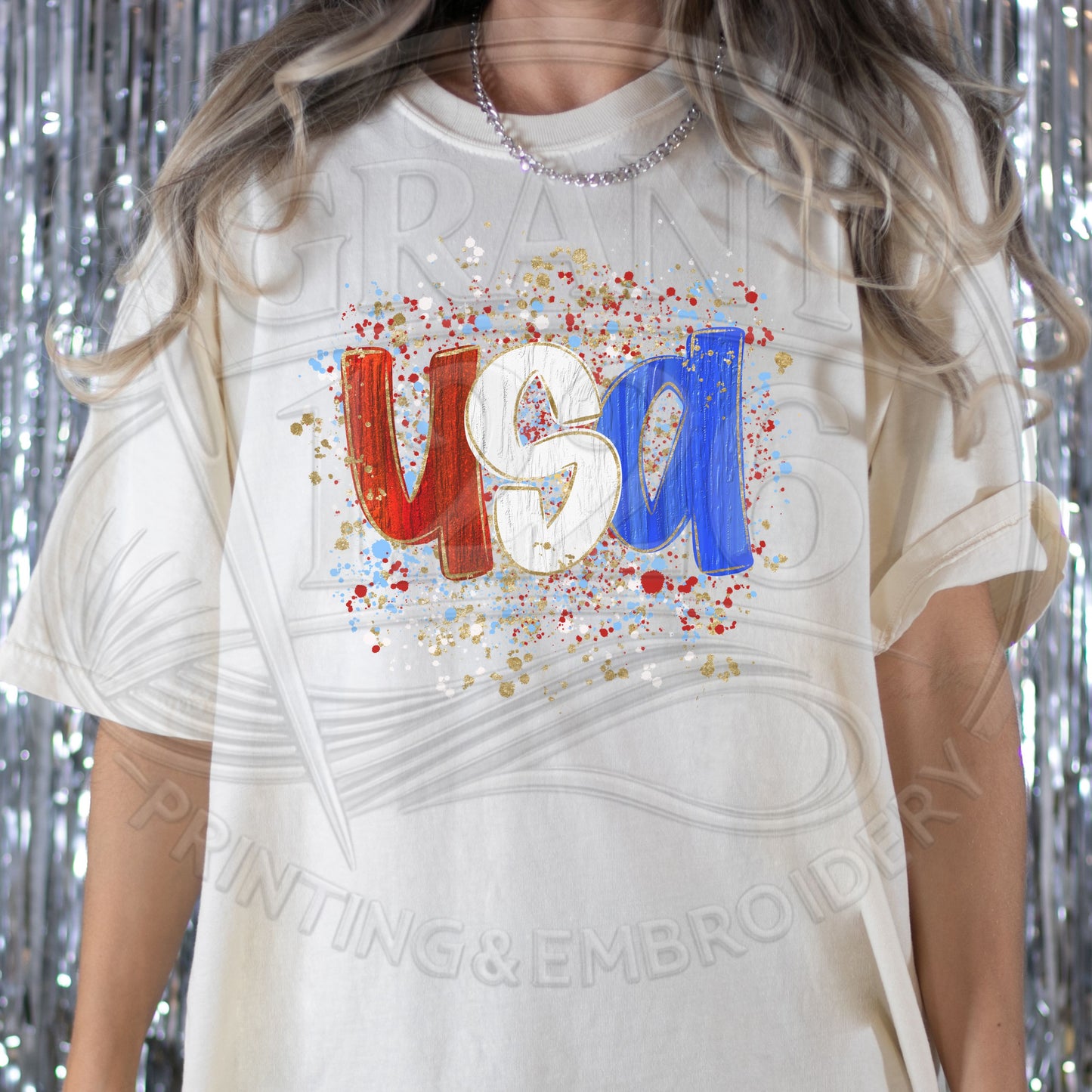 White patriotic USA graphic t-shirt with trendy Americana splatter design